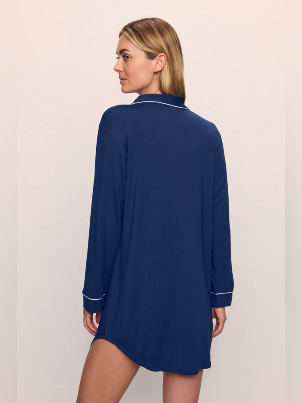 Eberjey Gisele TENCEL Modal Button Up Sleepshirt Dress Navy/Ivory - Picture 2 of 7